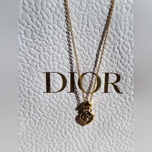 CHRISTIAN DIOR Necklace CD Logo Heart Motif GP Plated Rhinestone Gold